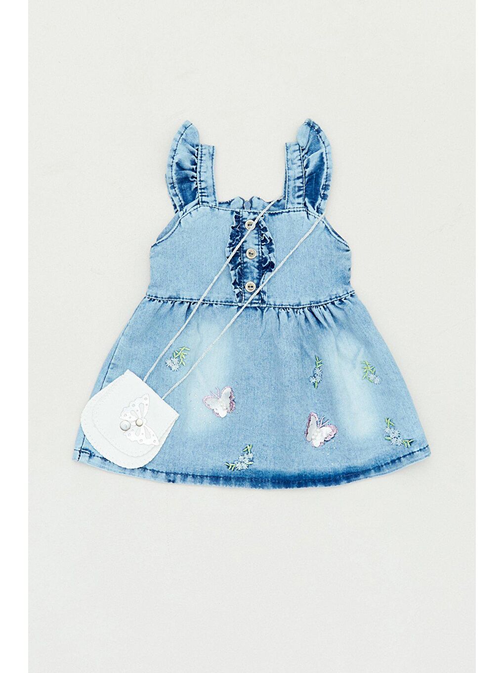 Mavi U Yaka Nakışlı Çanta Aksesuarlı Kız Bebek Elbise