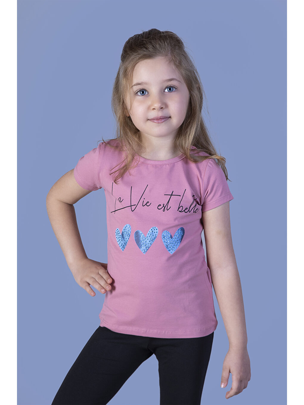 Pembe Kız Çocuk Kalp Desenli Yazı Baskılı Taş İşlemeli Tişört