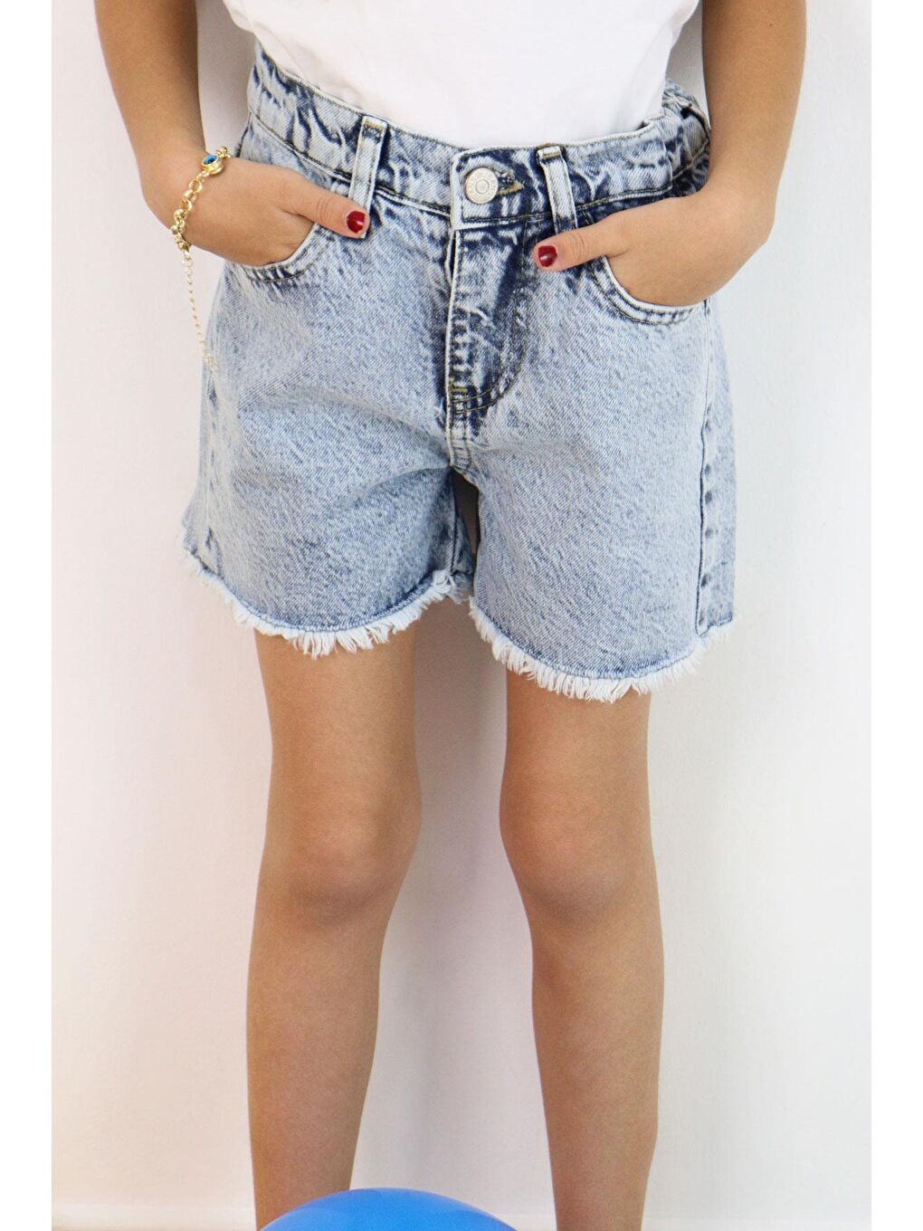 Kız Çocuk Şort Jean Cepli Paçası Püskül Detaylı Açık Mavi (5-9 Yaş)-1