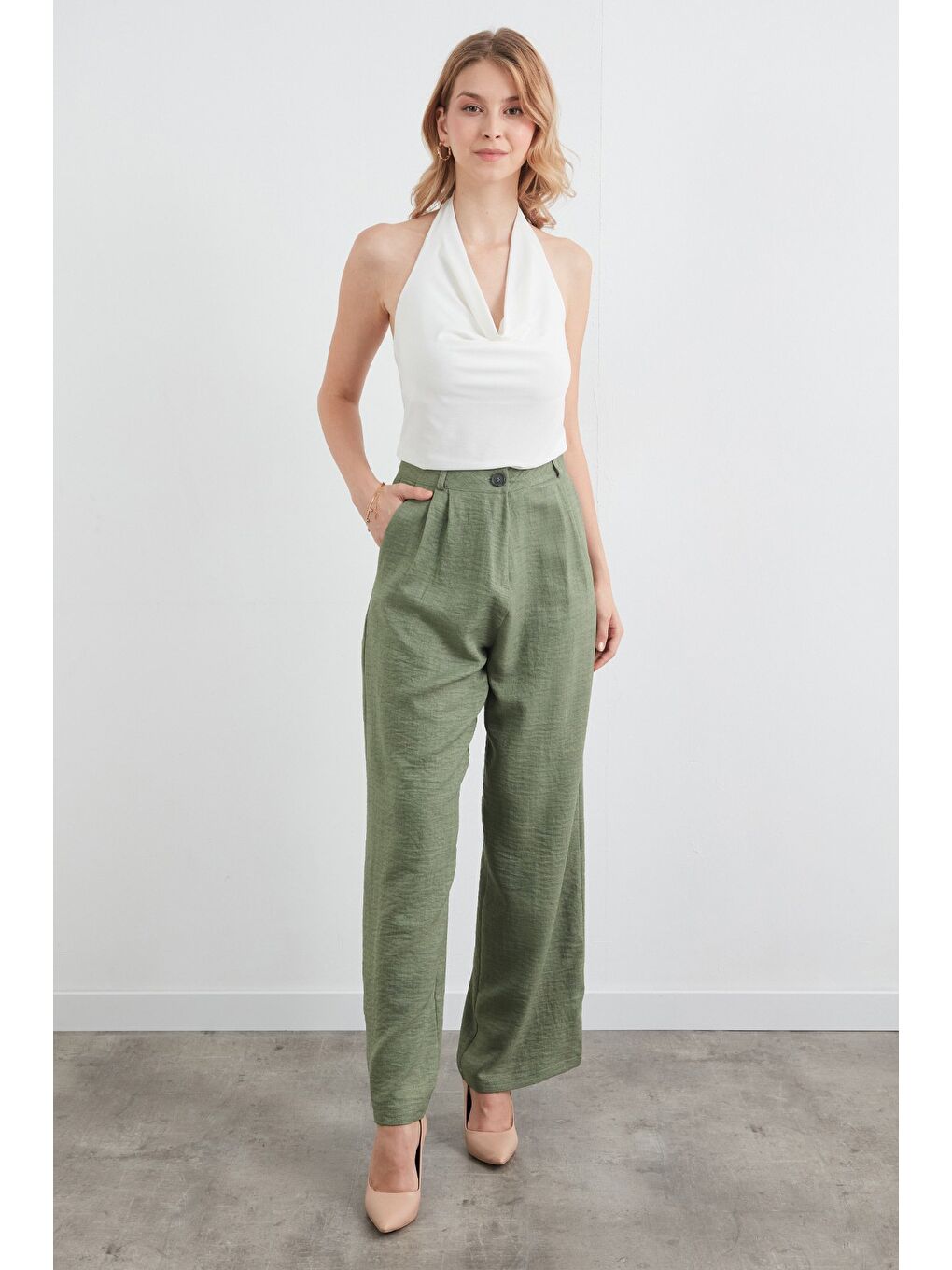 Haki Yüksek Bel Palazzo Kumaş Pantolon