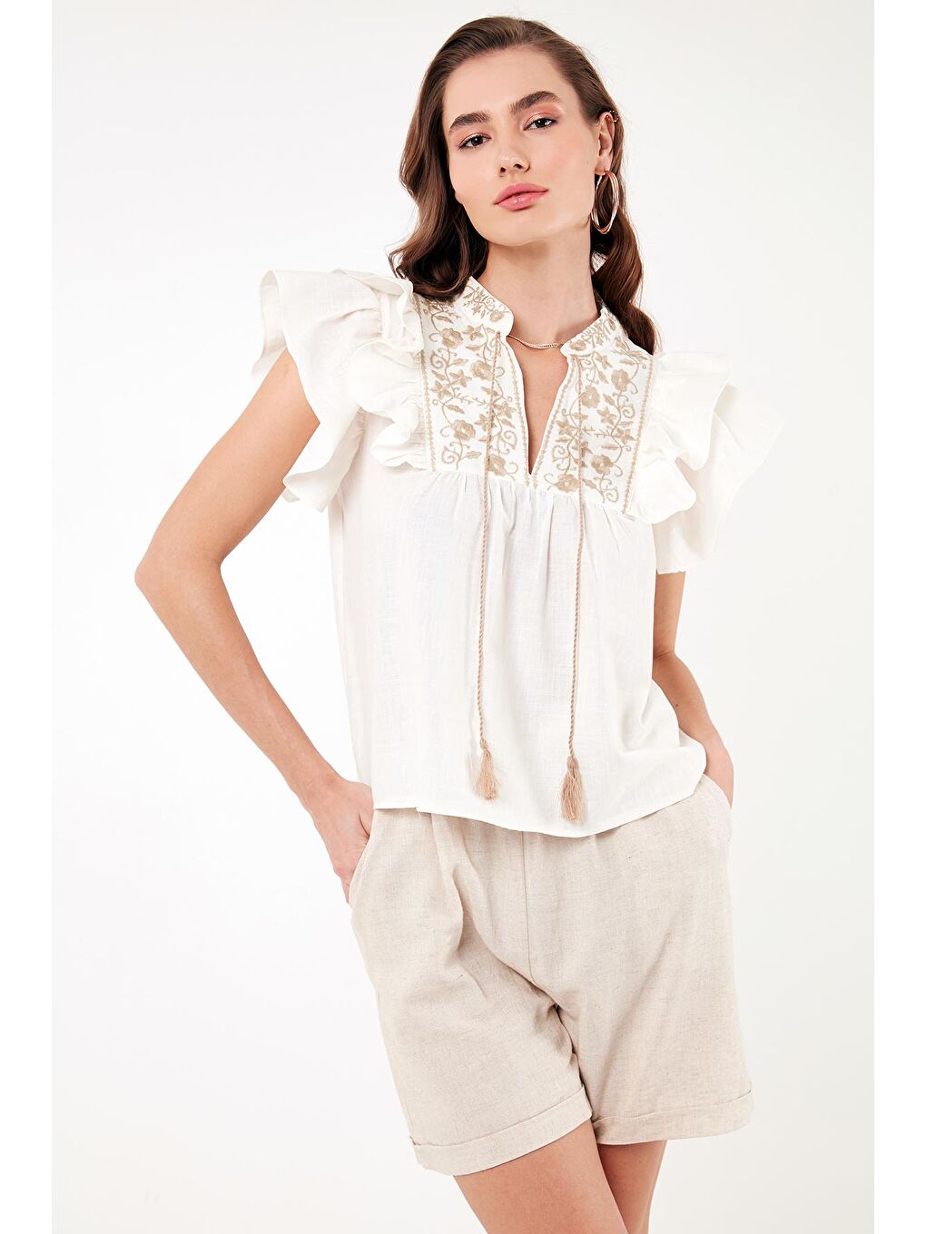Lela Ekru Pamuklu Regular Fit Nakış İşlemeli Bluz 611Bz0253 - 2