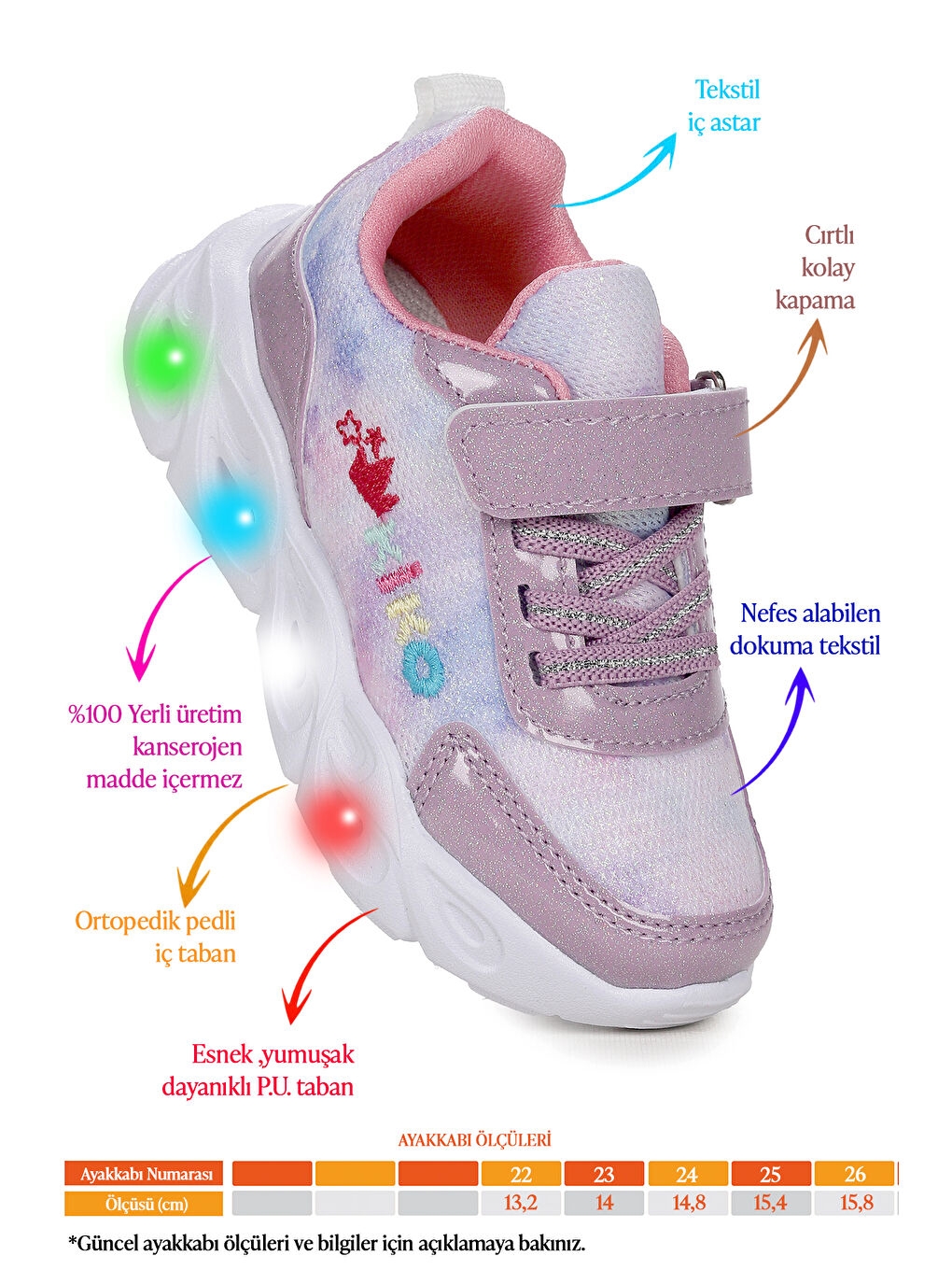 Lila Teno Cırtlı Işıklı Kız Bebek Spor Ayakkabı-1