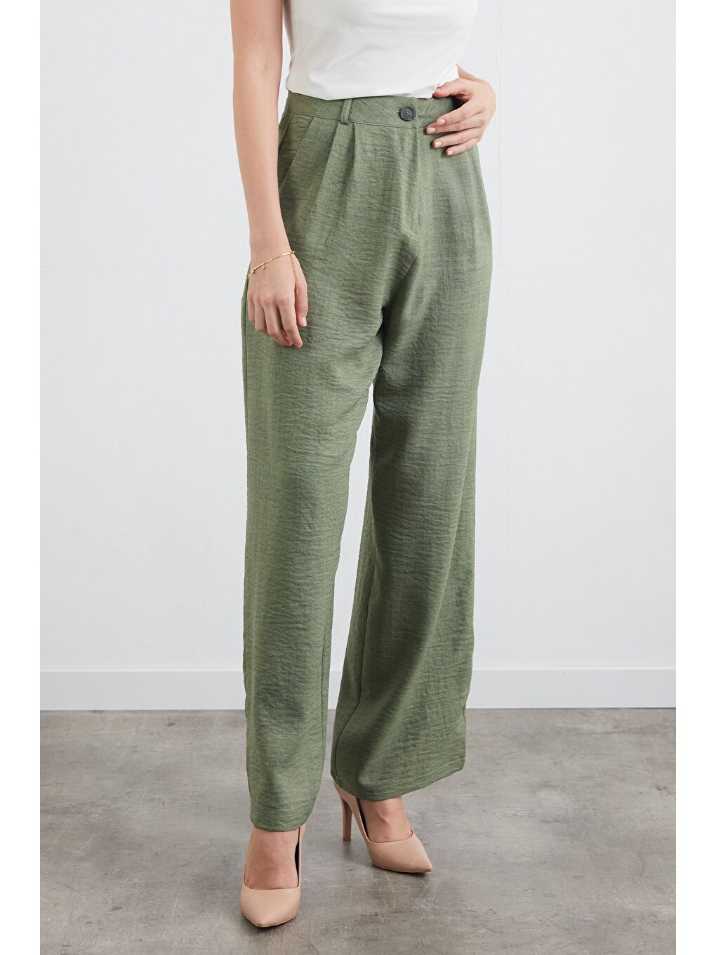 Haki Yüksek Bel Palazzo Kumaş Pantolon-1