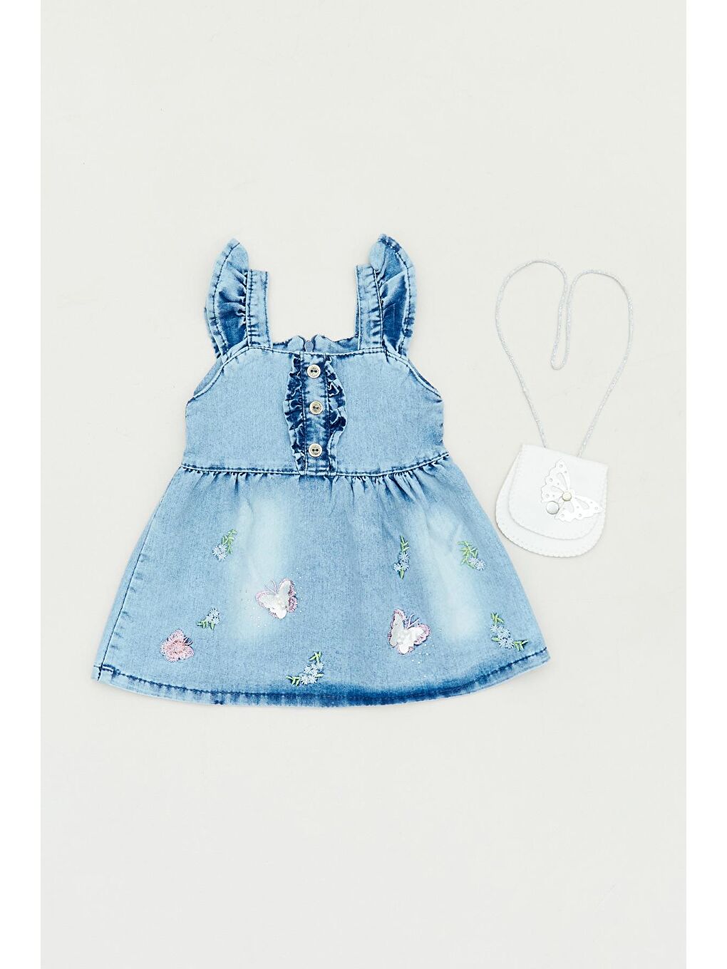 Mavi U Yaka Nakışlı Çanta Aksesuarlı Kız Bebek Elbise-1