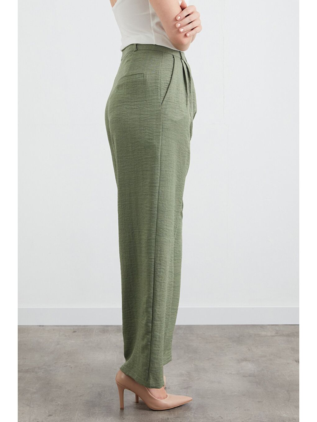 Haki Yüksek Bel Palazzo Kumaş Pantolon-3