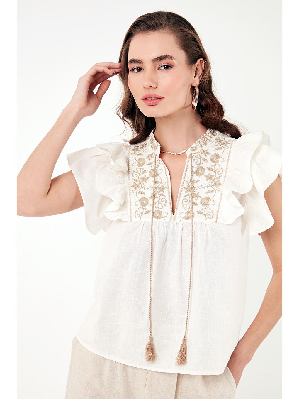 Lela Ekru Pamuklu Regular Fit Nakış İşlemeli Bluz 611Bz0253 - 3