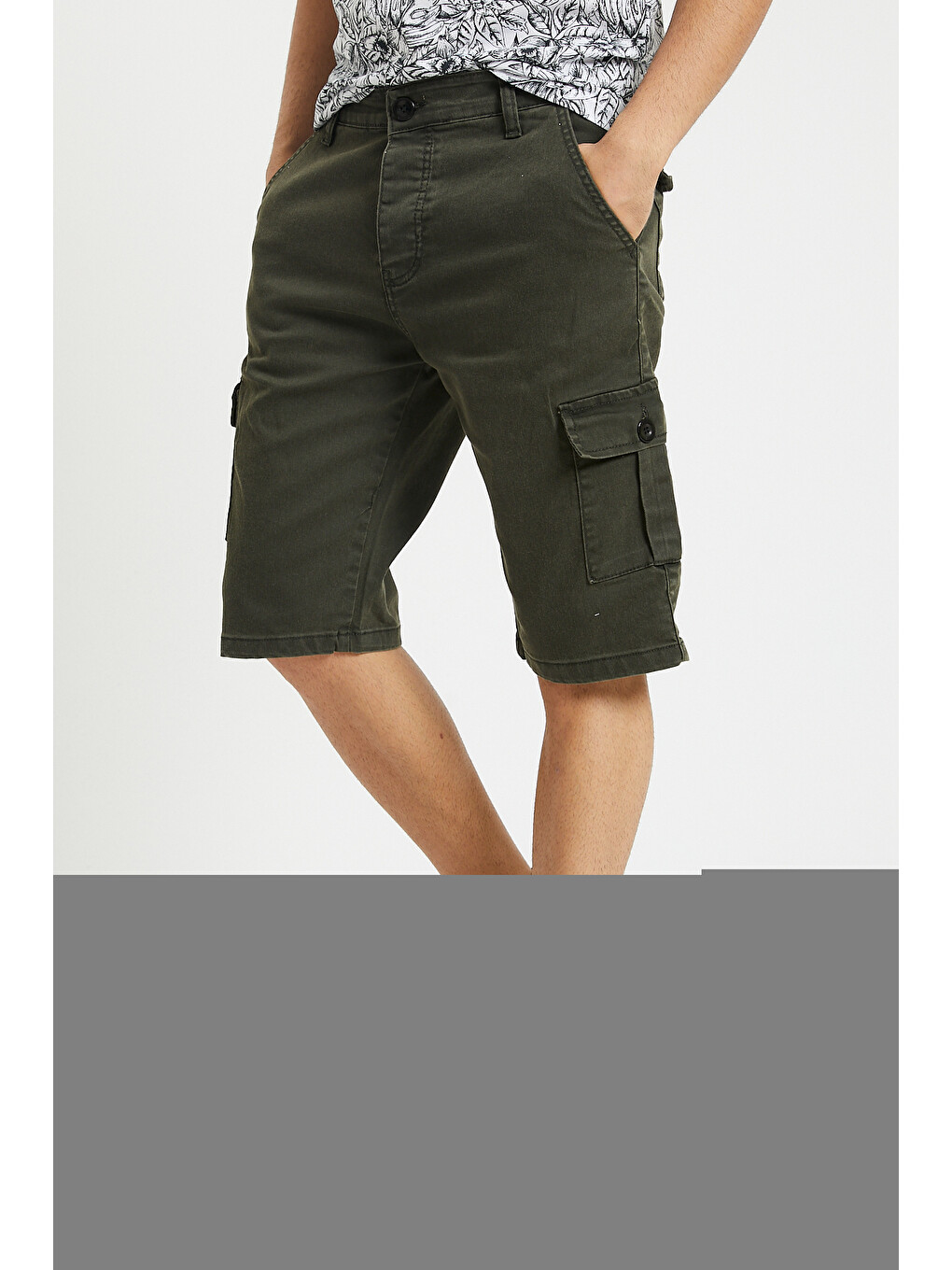 Haki None Denim Yandan Kargo Cepli Esnek Kumaş Erkek Kargo Şort Bermuda-1