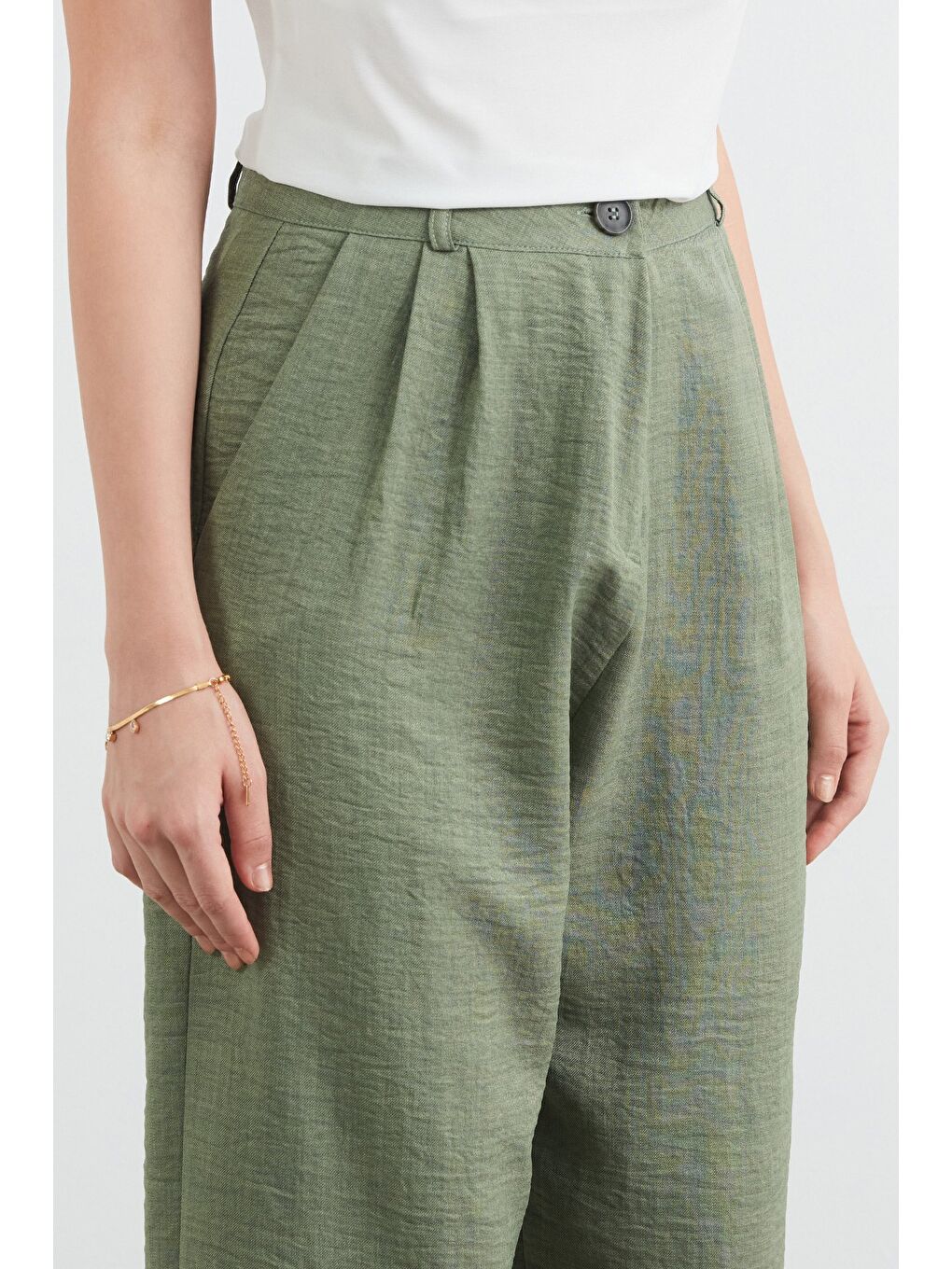 Haki Yüksek Bel Palazzo Kumaş Pantolon-4