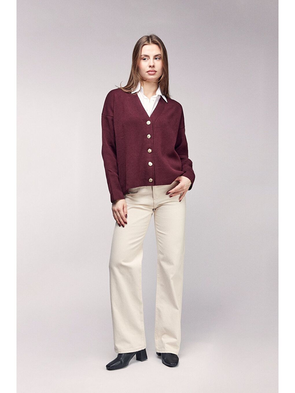 Bordo Gömlek Görünümlü Oversize Triko Hırka-1