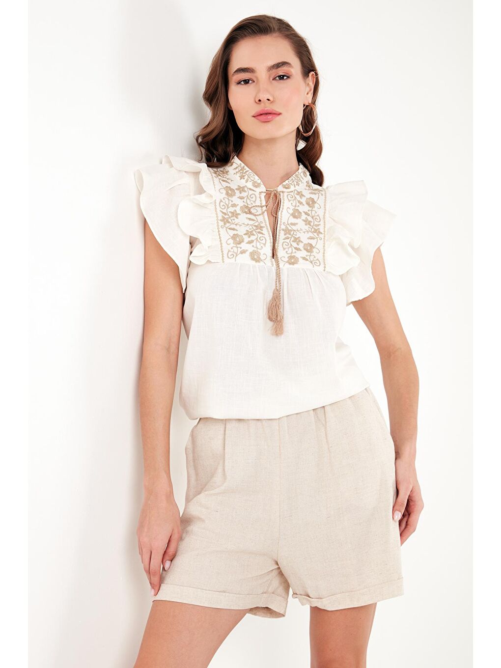 Lela Ekru Pamuklu Regular Fit Nakış İşlemeli Bluz 611Bz0253 - 4