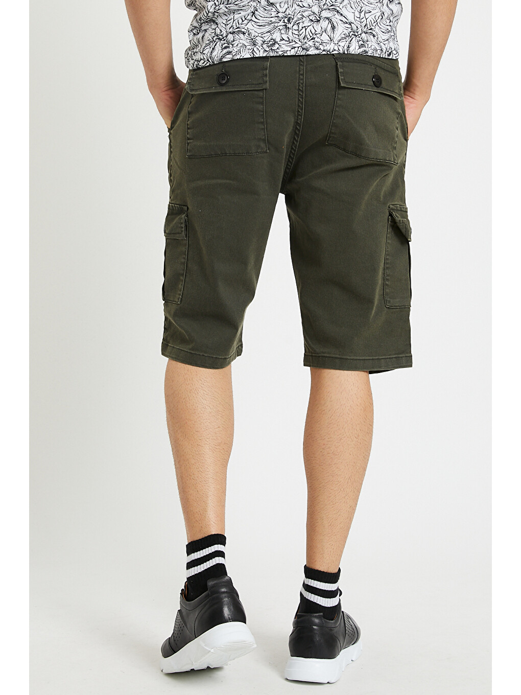 Haki None Denim Yandan Kargo Cepli Esnek Kumaş Erkek Kargo Şort Bermuda-3