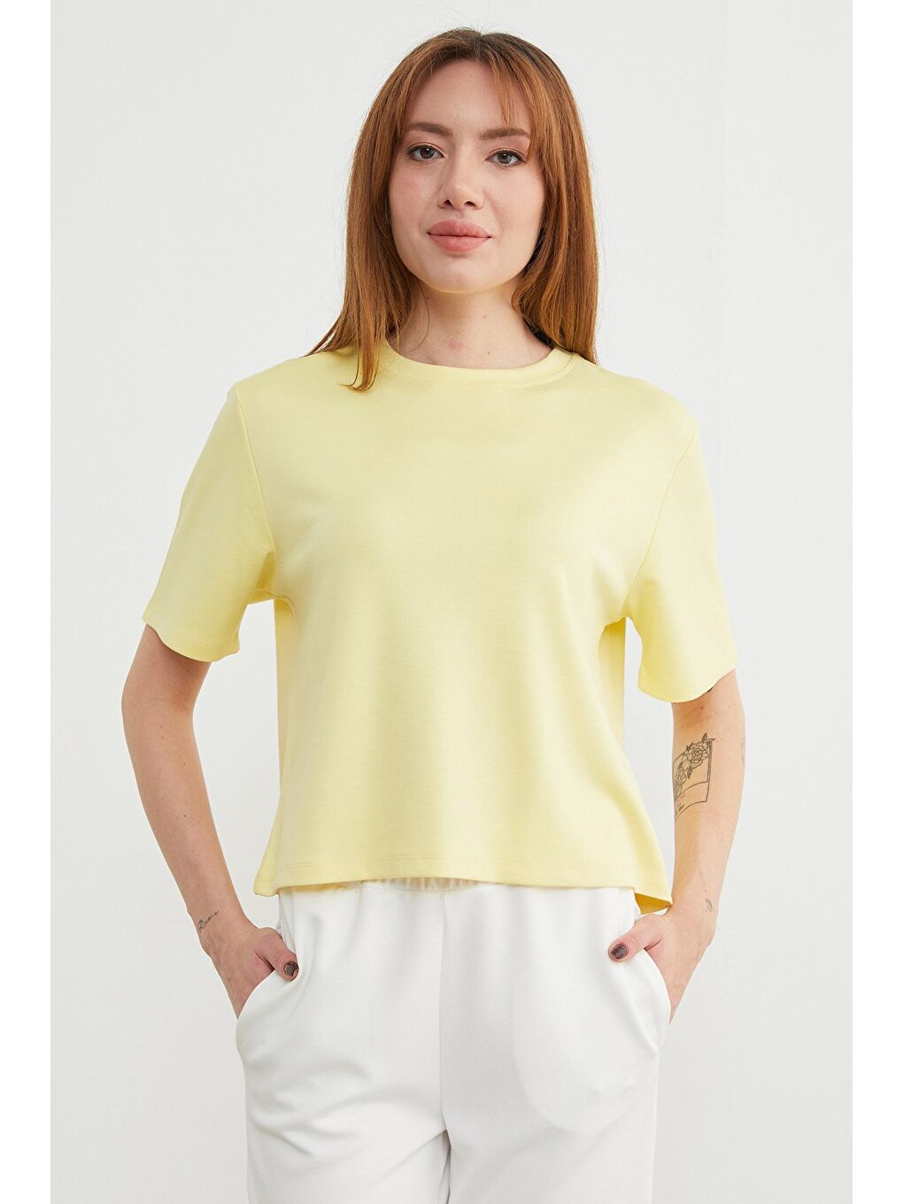 Sarı Basic Bisiklet Yaka Modal Tişört-3