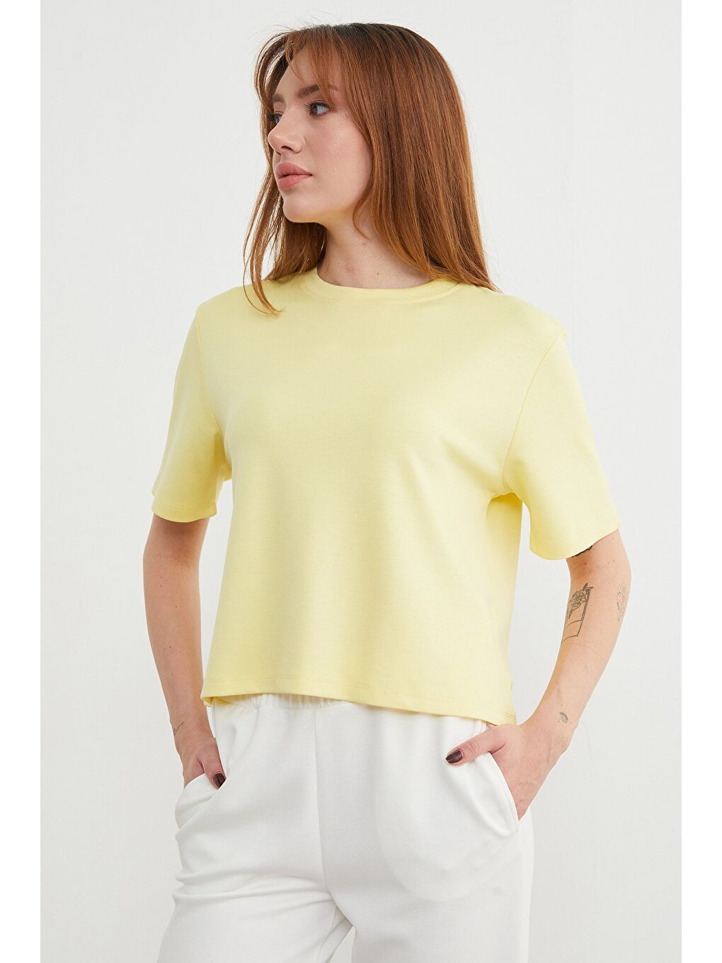 Sarı Basic Bisiklet Yaka Modal Tişört-4