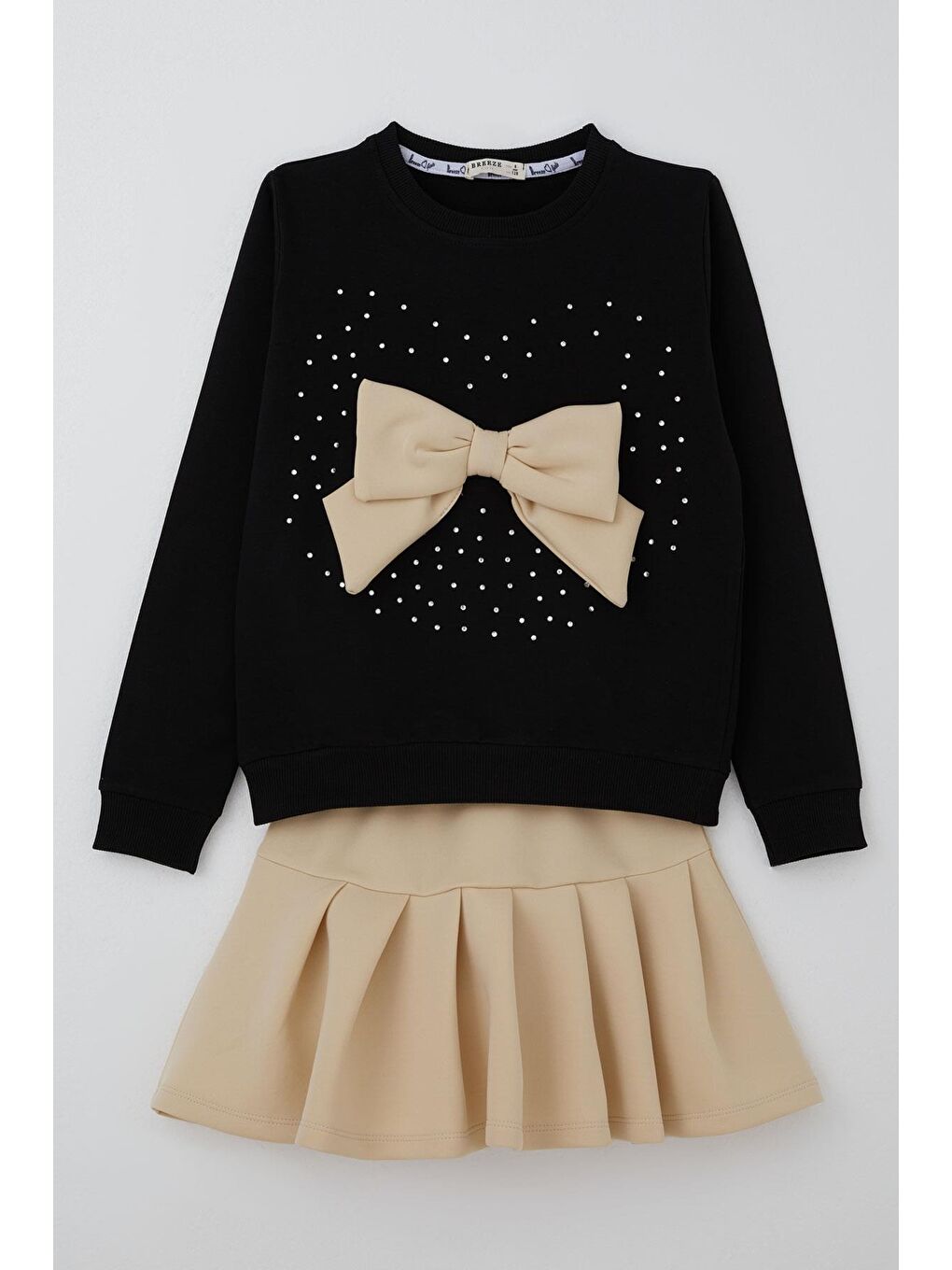 Kız Çocuk Etekli Takım Taş İşlemeli Fiyonk Aksesuarlı Siyah (6-12 Yaş)