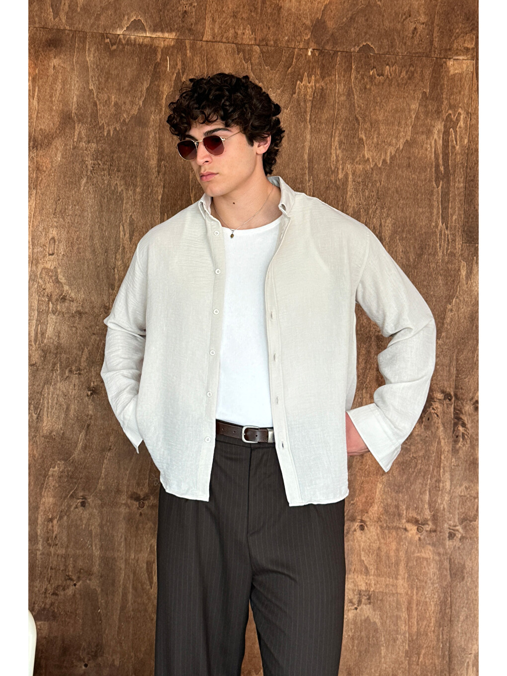 Bej Erkek Oversize Kesim Keten Görünümlü Gömlek-4