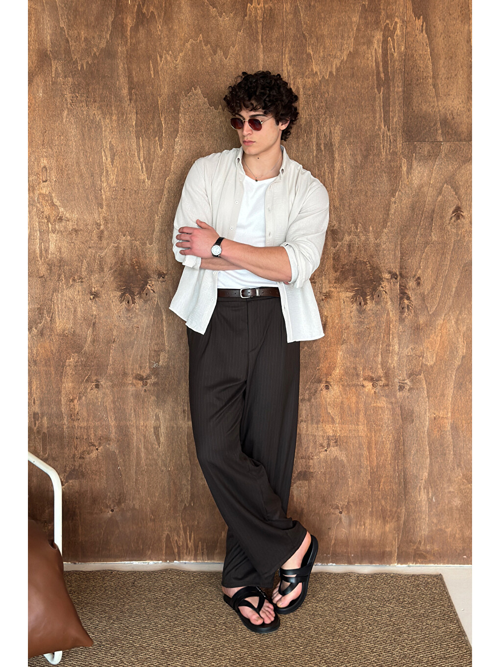 Bej Erkek Oversize Kesim Keten Görünümlü Gömlek-5