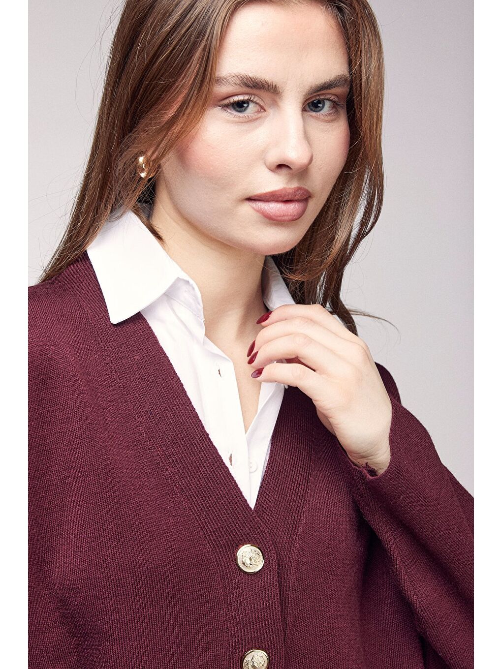 Bordo Gömlek Görünümlü Oversize Triko Hırka-3