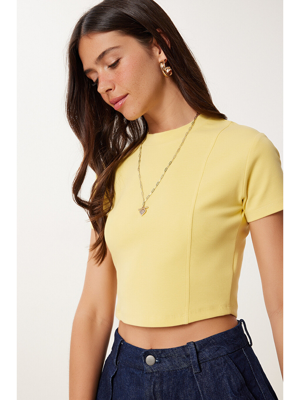 Sarı Basic Crop Esnek Örme T-shirt SARI LUS0160-1