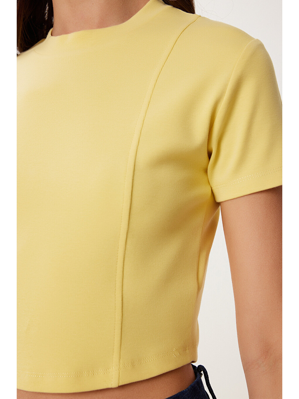 Sarı Basic Crop Esnek Örme T-shirt SARI LUS0160-2