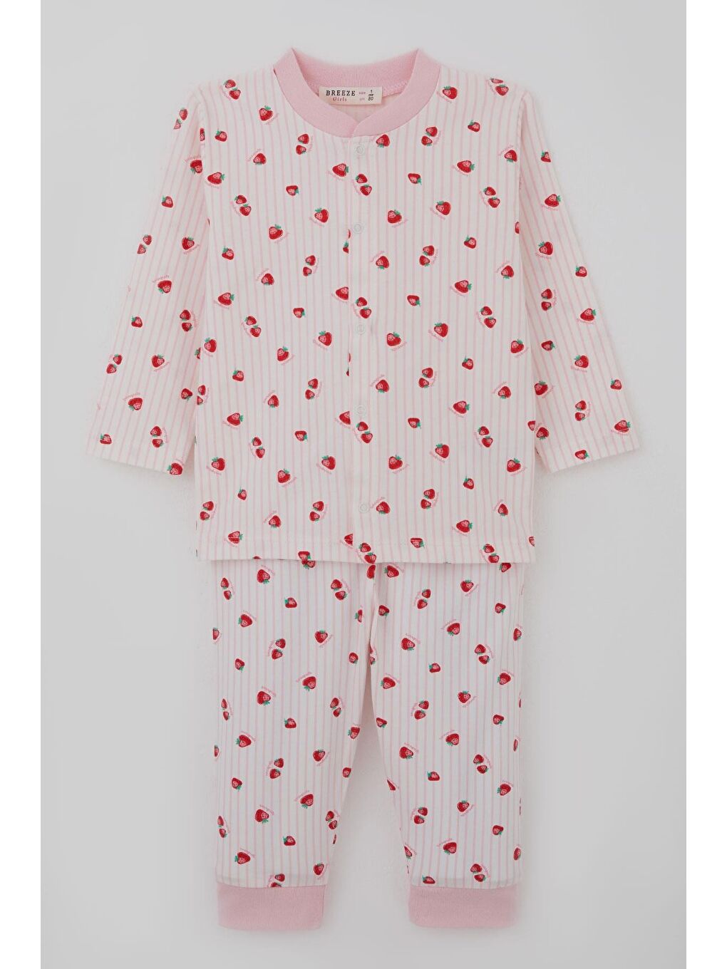 Kız Bebek Pijama Takımı Önden Çıtçıtlı Çilek Desenli Ekru (4 Ay-1 Yaş)