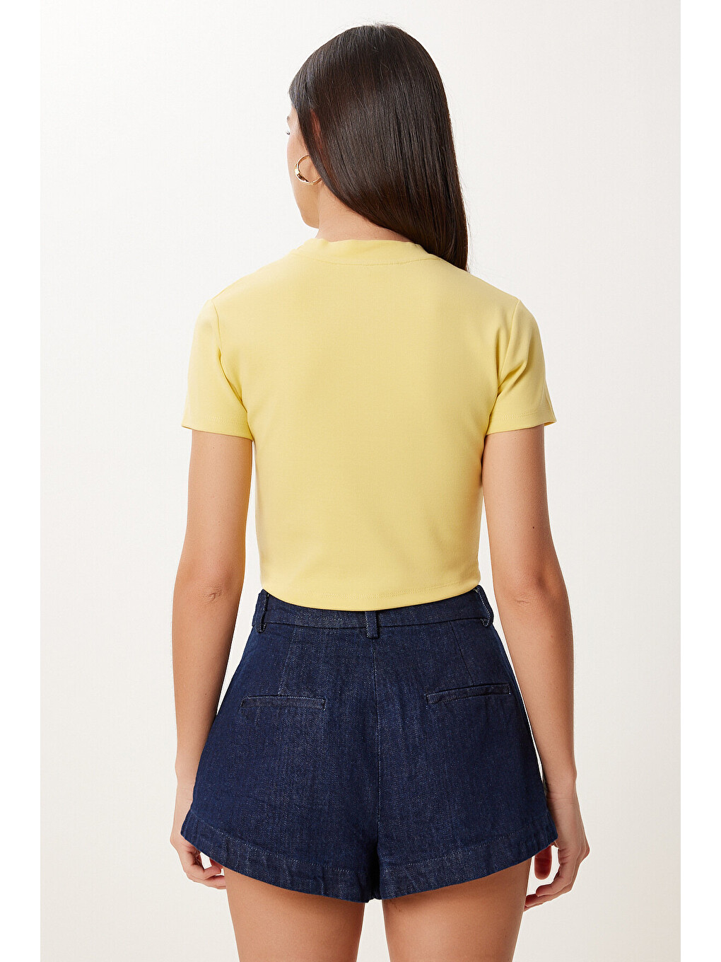 Sarı Basic Crop Esnek Örme T-shirt SARI LUS0160-3
