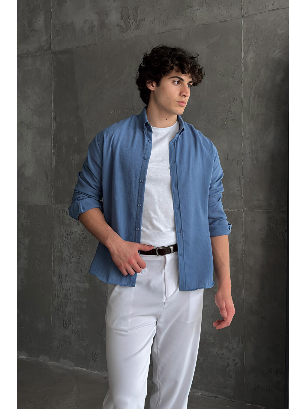 İndigo Erkek Oversize Kesim Keten Görünümlü Gömlek-2