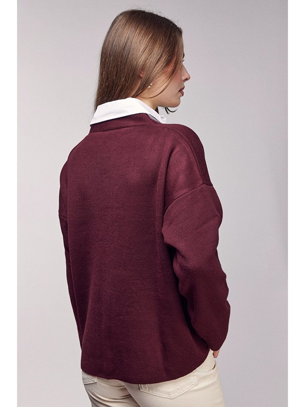 Bordo Gömlek Görünümlü Oversize Triko Hırka-4