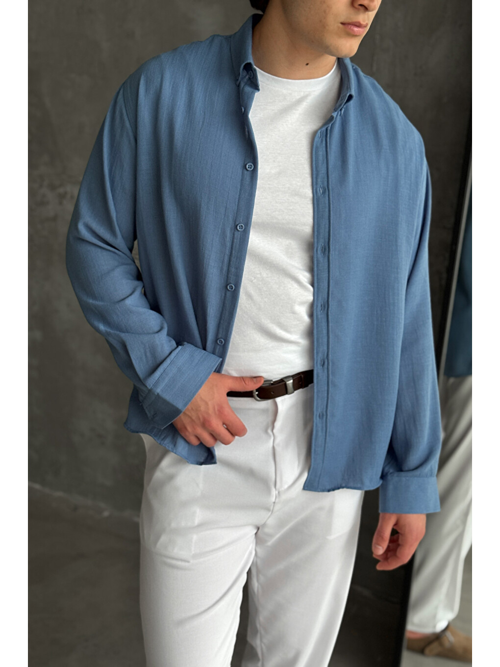 İndigo Erkek Oversize Kesim Keten Görünümlü Gömlek-4