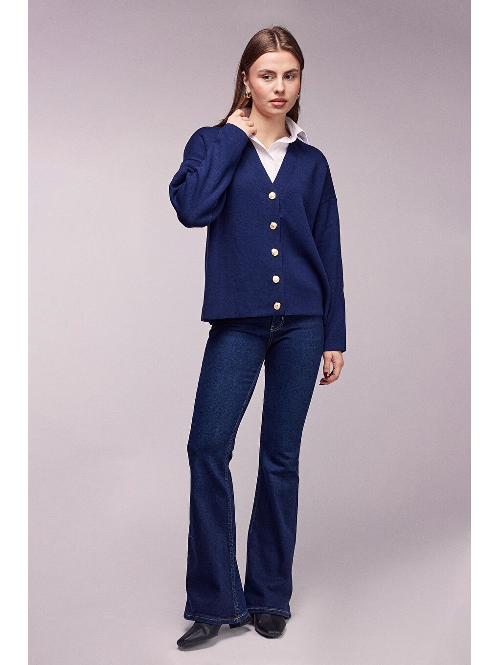 Lacivert Gömlek Görünümlü Oversize Triko Hırka-2