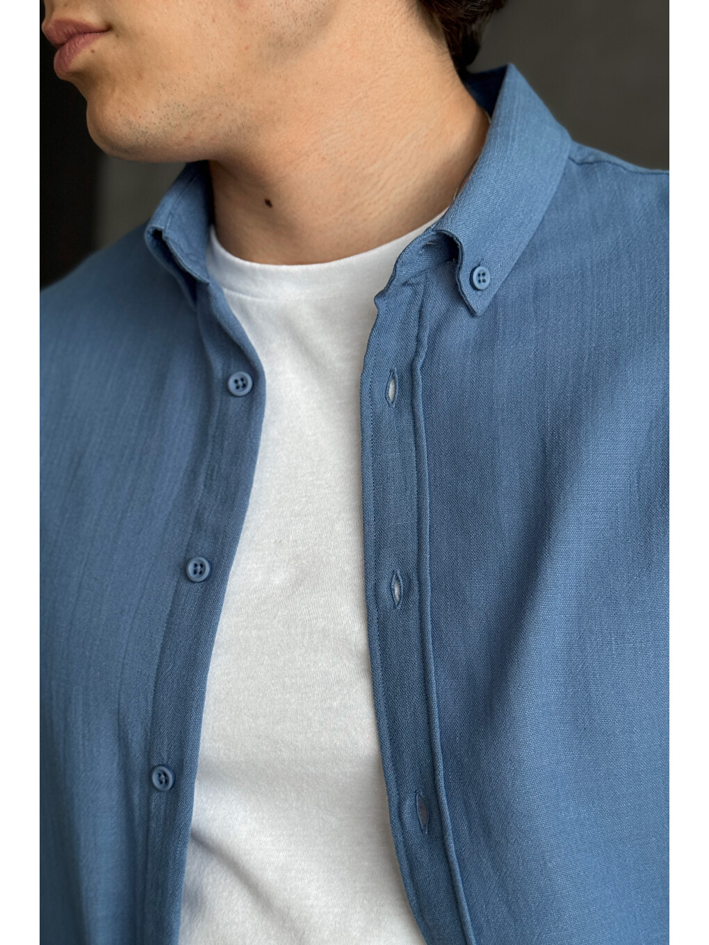 İndigo Erkek Oversize Kesim Keten Görünümlü Gömlek-6