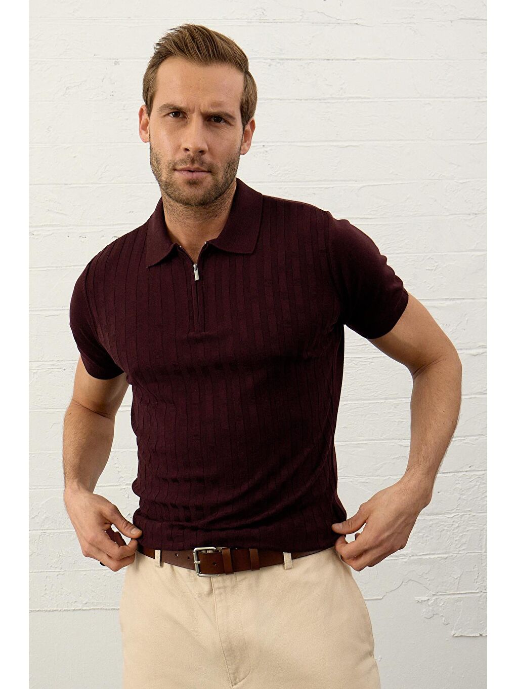 DANGER Bordo Erkek Fermuarlı Slim-Fit Polo Yaka İnce Triko T-shirt??Bordo