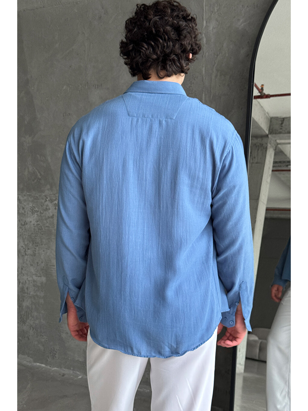 İndigo Erkek Oversize Kesim Keten Görünümlü Gömlek-7