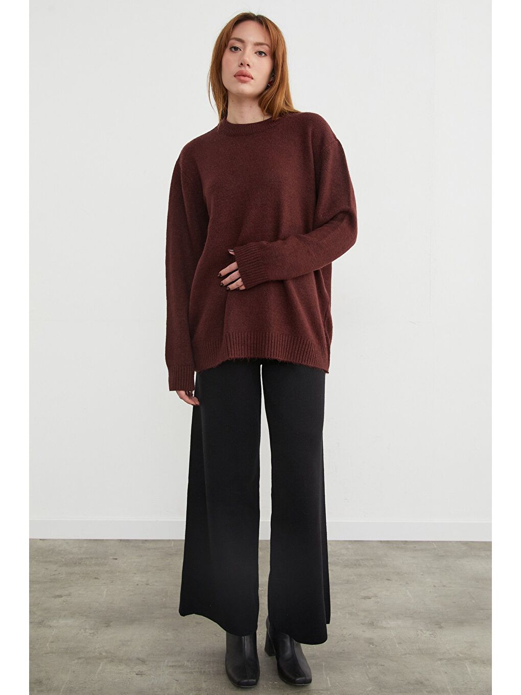 Bordo Basic Bisiklet Yaka Salaş Triko Kazak-1