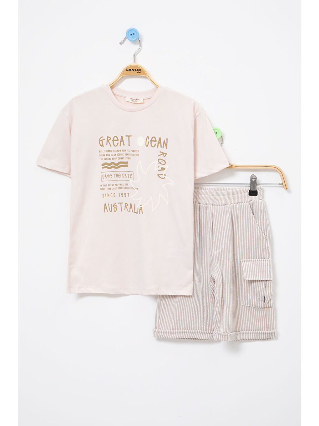 Ekru Krem Yazı Baskılı Tişörtlü Çizgili Şortlu Erkek Çocuk 2li Takım 21079
