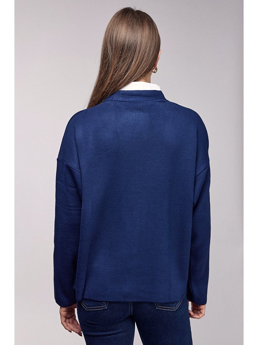 Lacivert Gömlek Görünümlü Oversize Triko Hırka-4