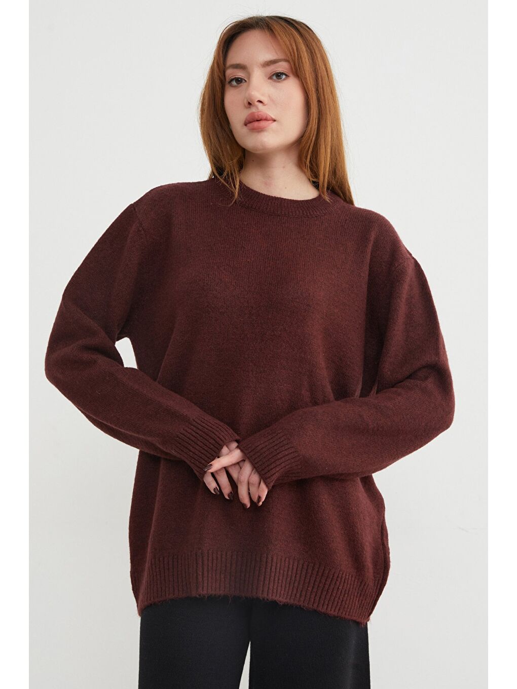 Bordo Basic Bisiklet Yaka Salaş Triko Kazak-2