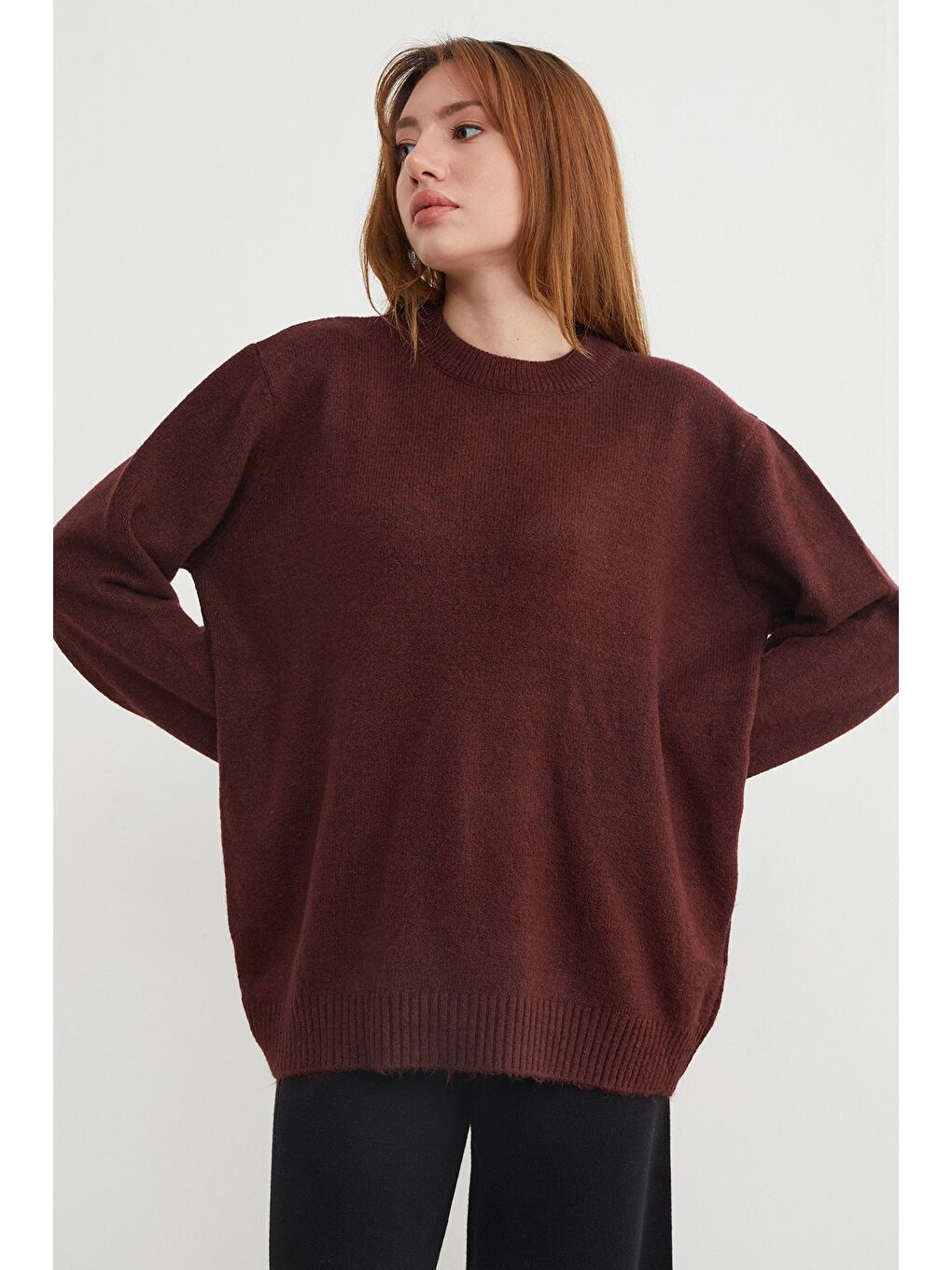 Bordo Basic Bisiklet Yaka Salaş Triko Kazak-3