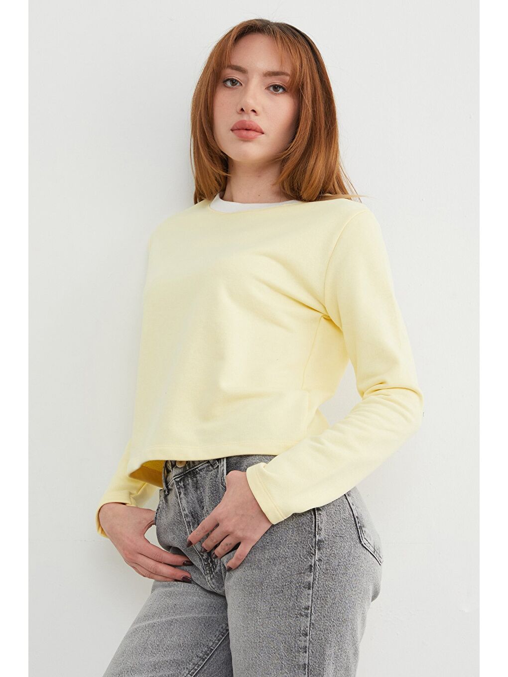 Sarı 3 İplik Şardonsuz Yakası Ribanalı Sweatshirt-3