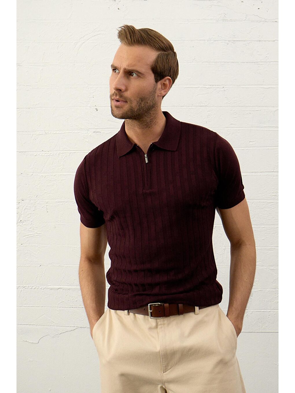 DANGER Bordo Erkek Fermuarlı Slim-Fit Polo Yaka İnce Triko T-shirt??Bordo - 3