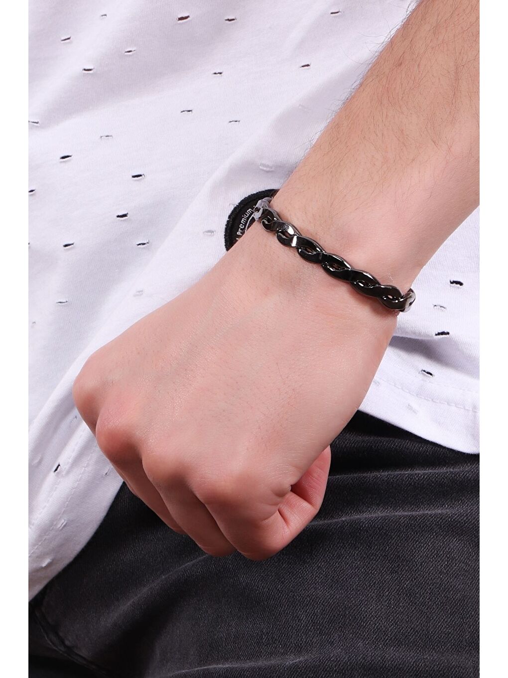 Erkek Metalik Antrasit Lak Kaplama Ayarlanabilir Örgü Dokulu Bileklik-2