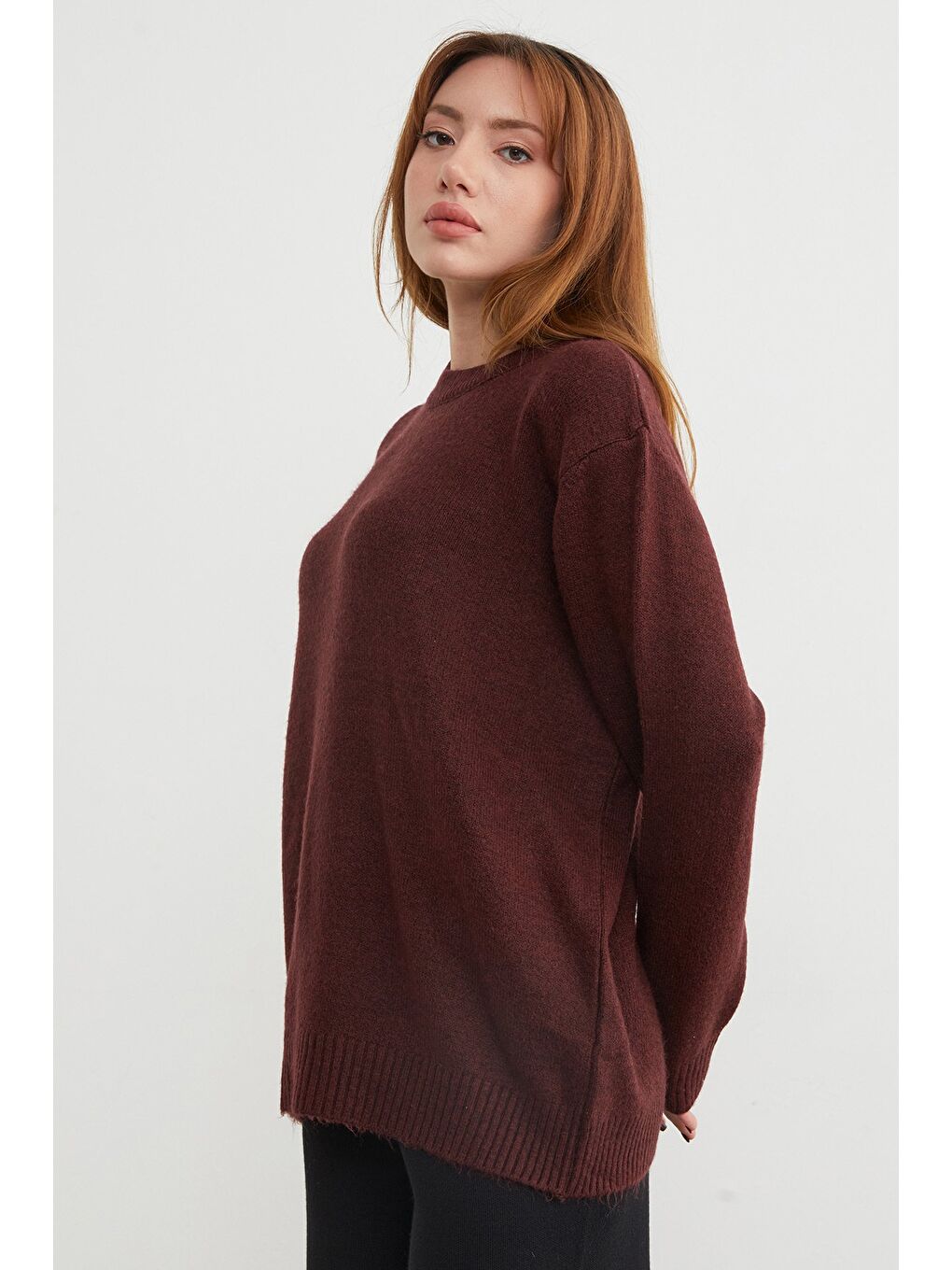 Bordo Basic Bisiklet Yaka Salaş Triko Kazak-4