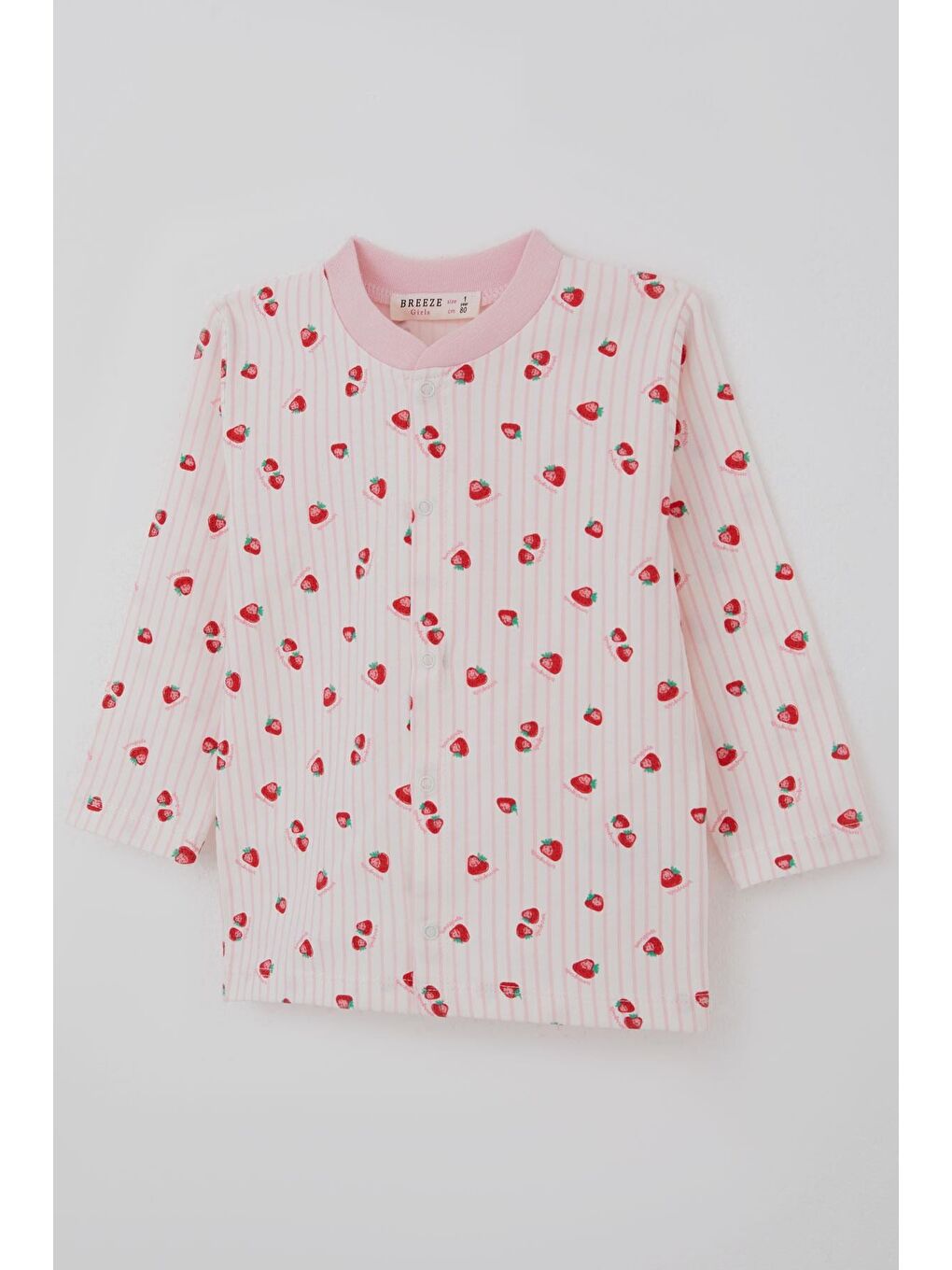 Kız Bebek Pijama Takımı Önden Çıtçıtlı Çilek Desenli Ekru (4 Ay-1 Yaş)-5