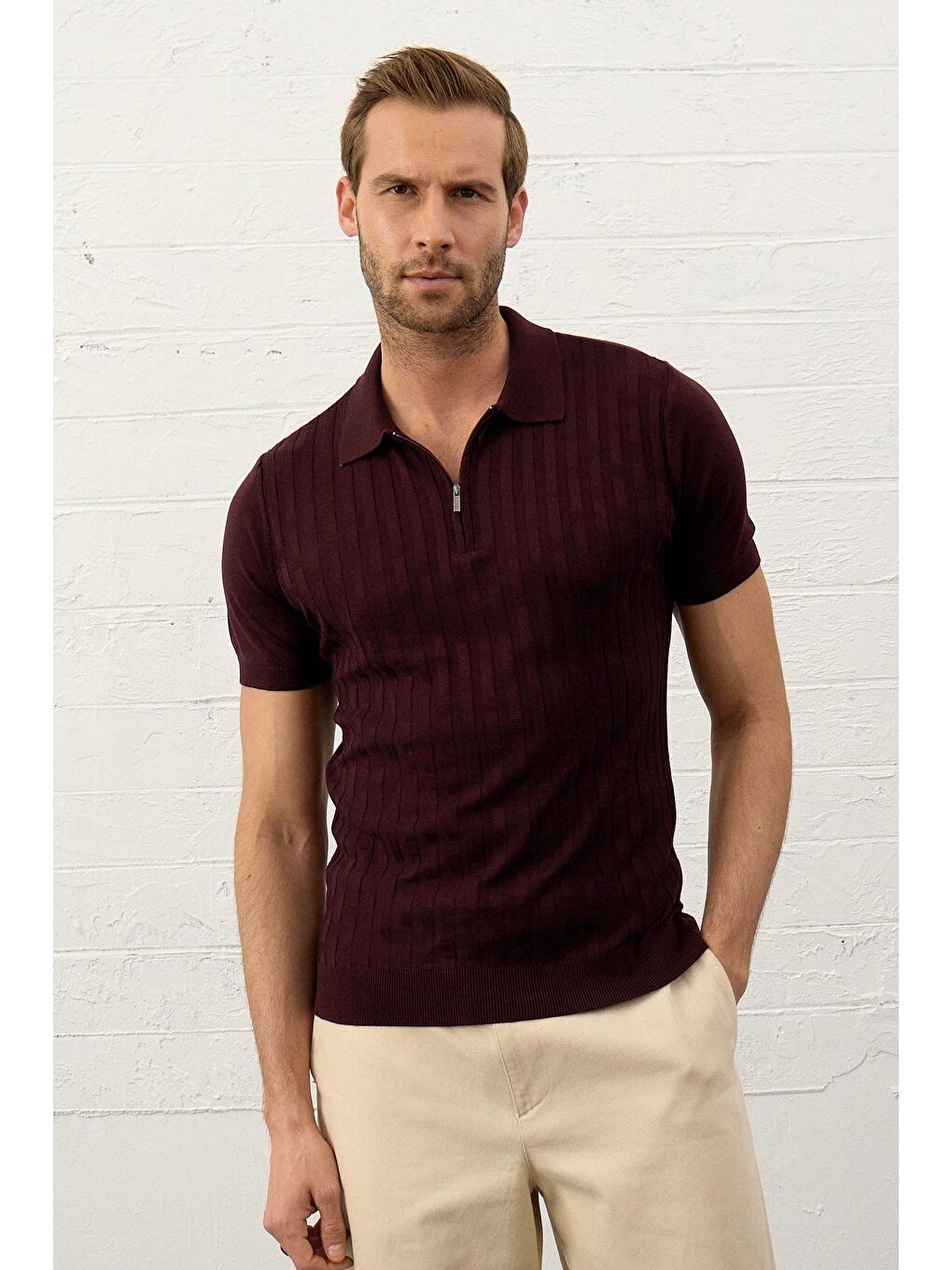 DANGER Bordo Erkek Fermuarlı Slim-Fit Polo Yaka İnce Triko T-shirt??Bordo - 4