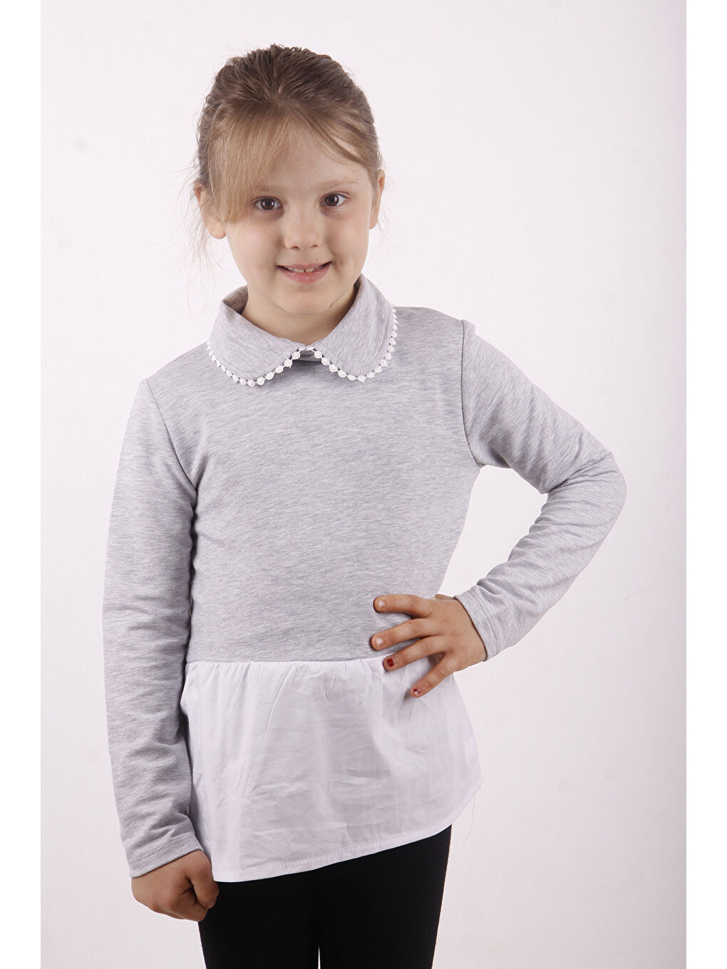 Gri Kız Çocuk Gömlek Detaylı Yakası Aksesuarlı Sweatshirt