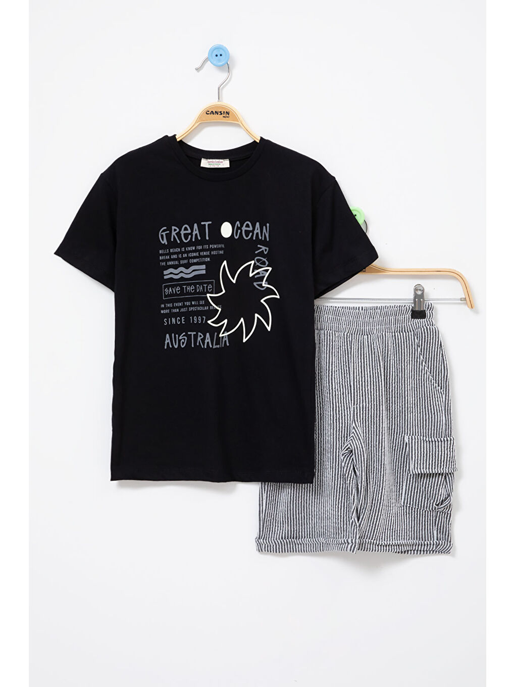 Mavi Siyah Yazı Baskılı Tişörtlü Çizgili Şortlu Erkek Çocuk 2li Takım 21076
