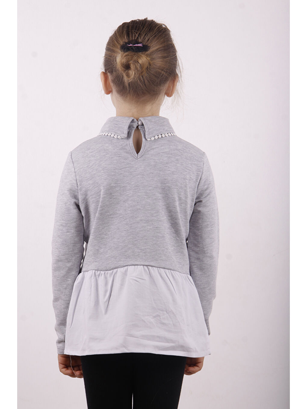 Gri Kız Çocuk Gömlek Detaylı Yakası Aksesuarlı Sweatshirt-1