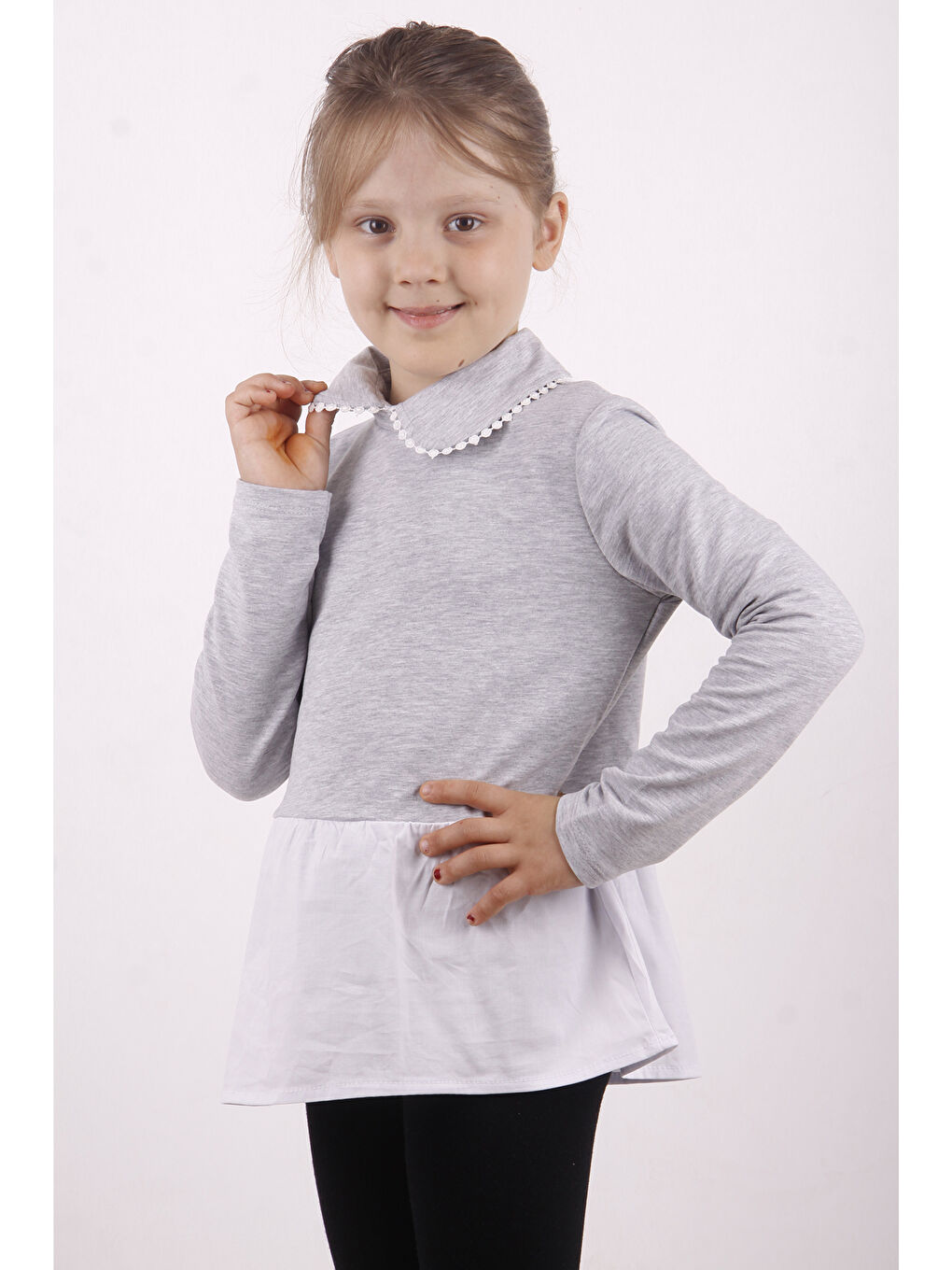 Gri Kız Çocuk Gömlek Detaylı Yakası Aksesuarlı Sweatshirt-2