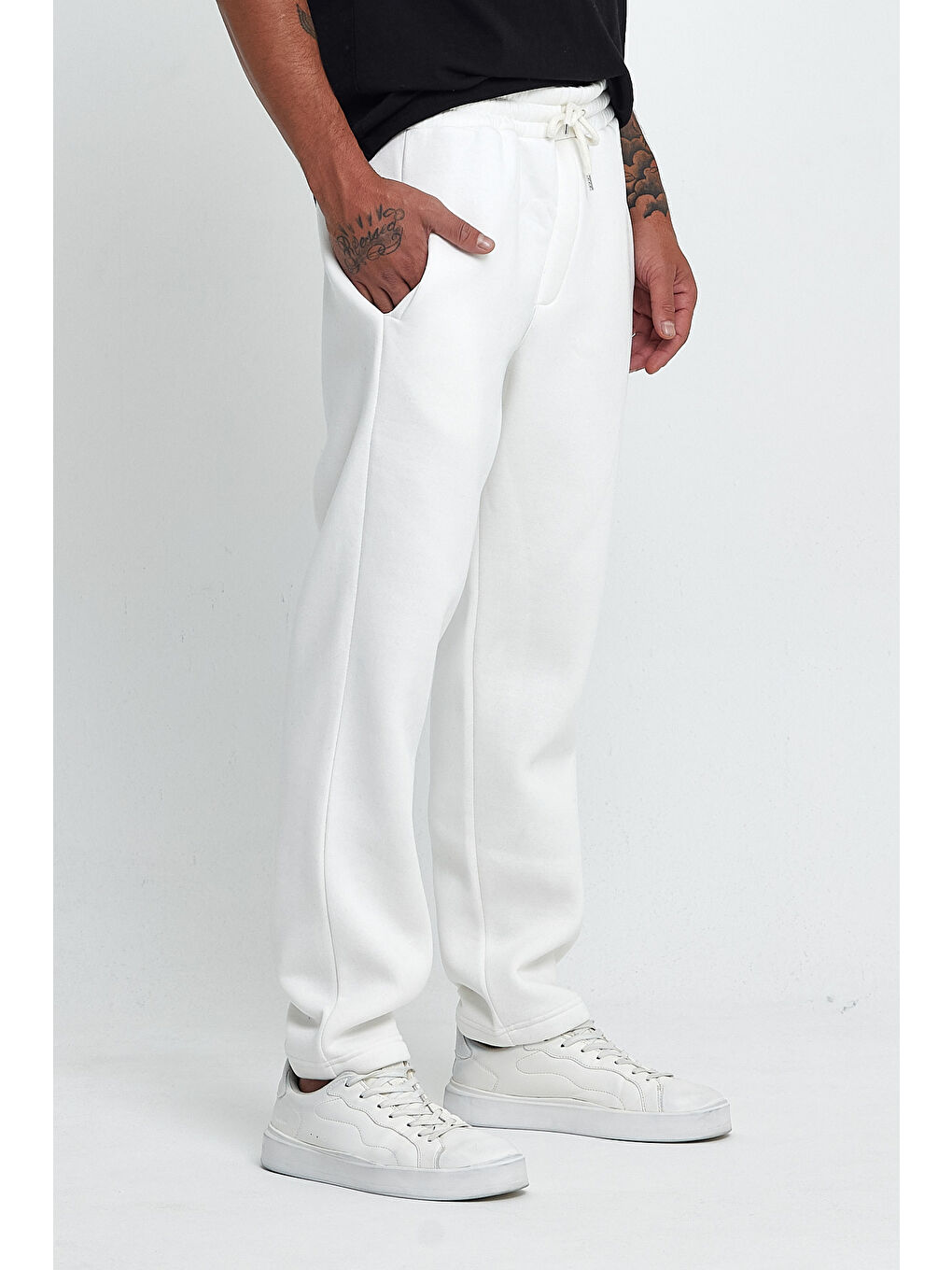 Ekru İçi Polarlı 3 İplik Kalın Brooklyn Baskılı Erkek Büyük Beden Eşofman Altı SPR25EA70-2