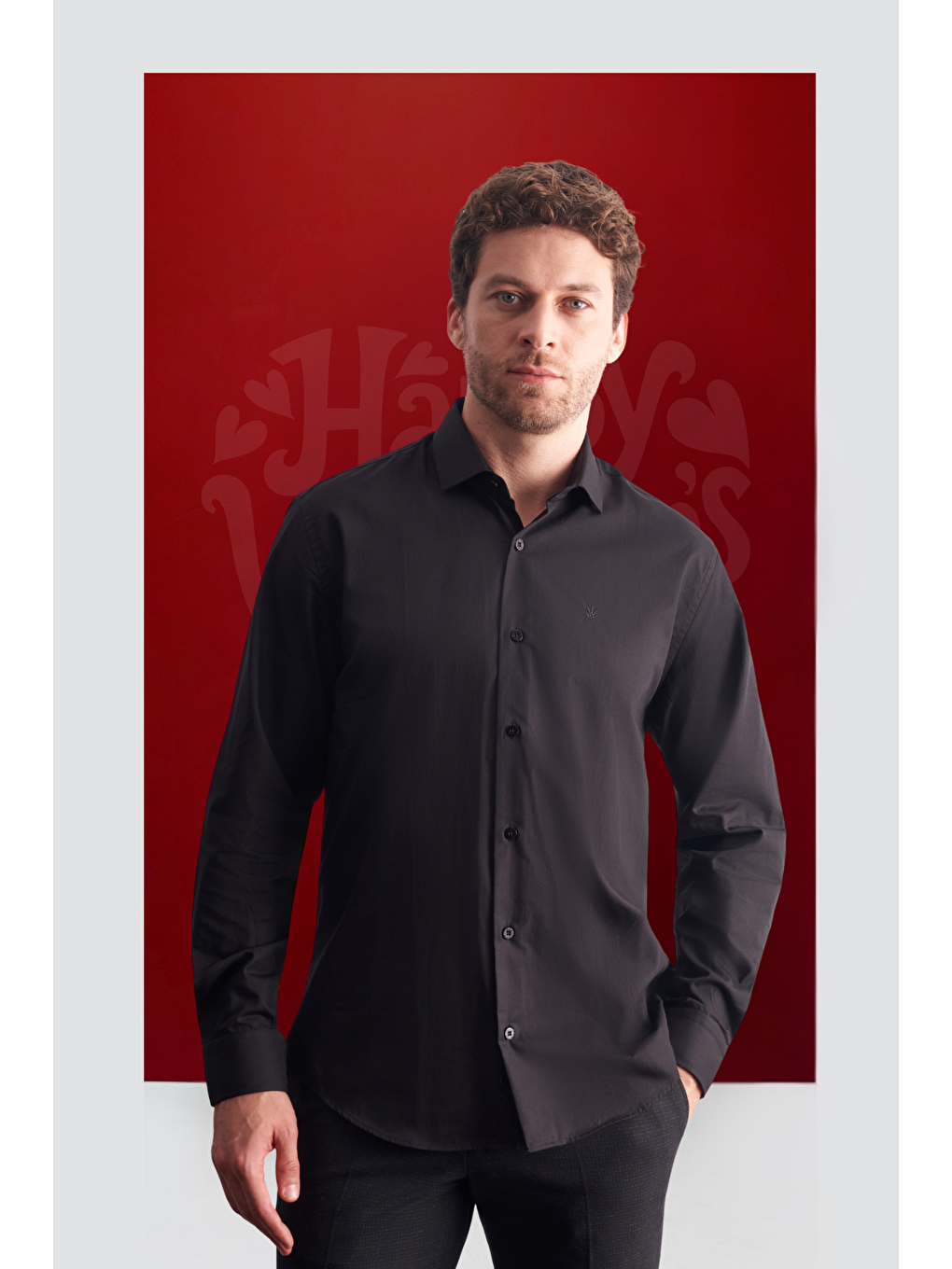 Siyah Yarım İtalyan Yaka Uzun Kol Premium Slim Fit %100 Pamuk Gömlek 1004255196-1