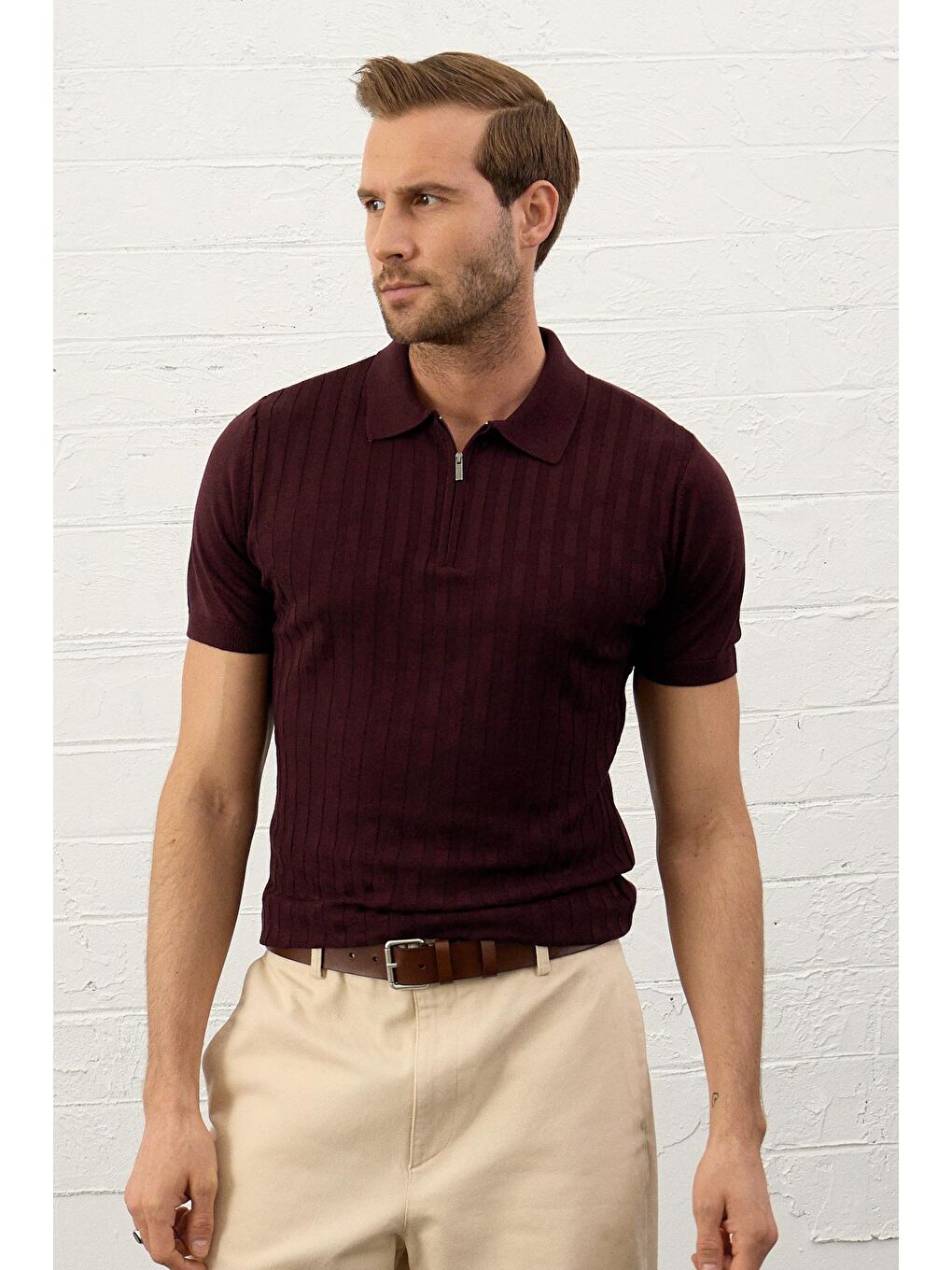 DANGER Bordo Erkek Fermuarlı Slim-Fit Polo Yaka İnce Triko T-shirt??Bordo - 6